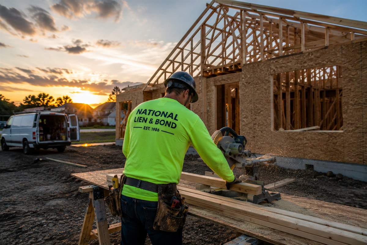 Lone carpenter cutting lumber at dusk outside a half-framed house, the labor crunch among the main problems in US construction