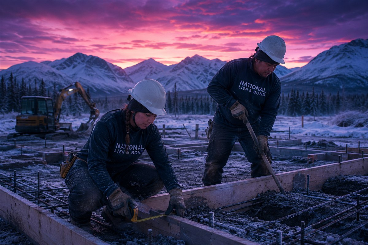 Foundation crew setting formwork at a violet winter dawn beneath jagged snow-covered Wyoming peaks