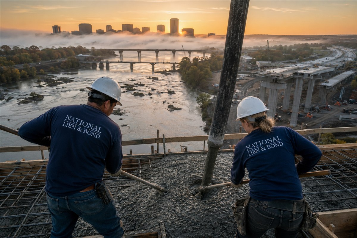 Concrete crew pouring a bridge deck above a foggy river at dawn, the Richmond skyline ghosted in the mist behind the rebar mats