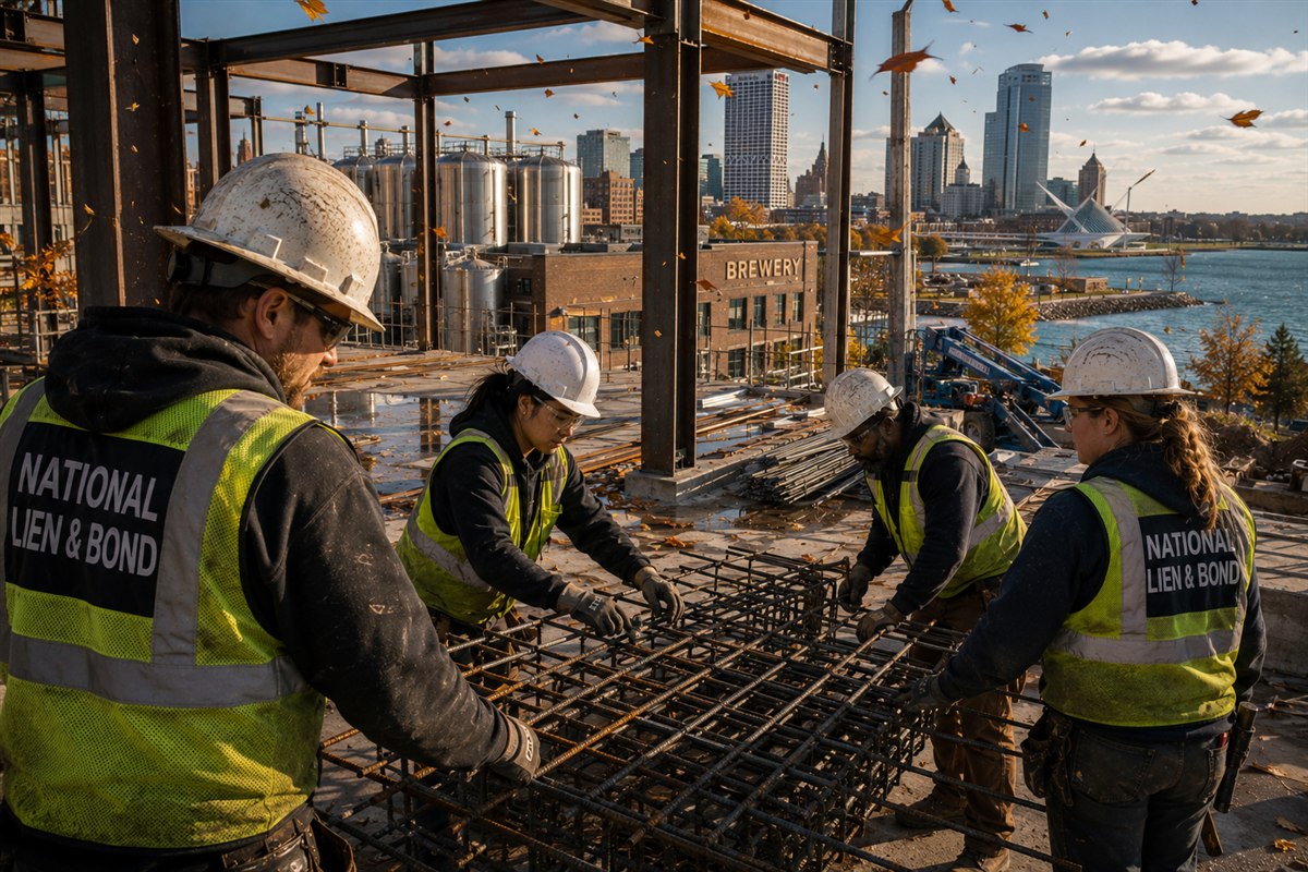 Rebar crew tying a deck cage above the Milwaukee lakefront in fall, brewery tanks and the museum wings on the skyline behind them