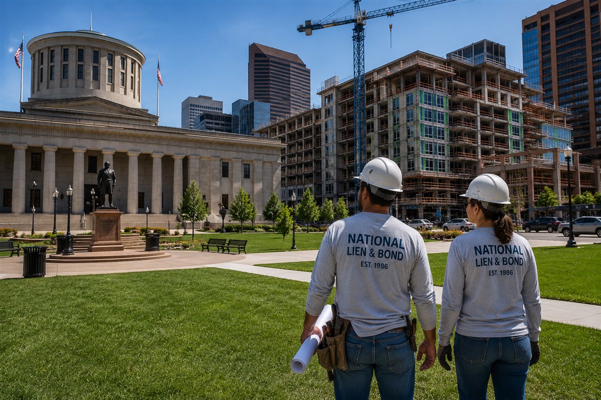 Two contractors on the Ohio statehouse lawn in Columbus, a mixed-use project rising across the street