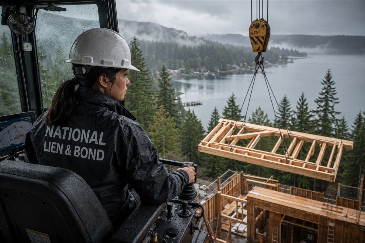 Crane operator flying a timber truss over a misty evergreen lake toward a Washington hillside home under construction