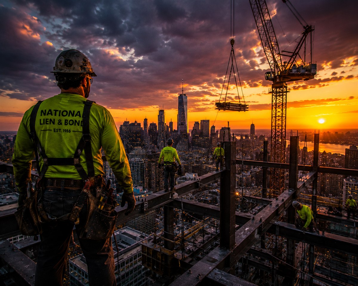 Ironworkers walking high steel above the Manhattan skyline at sunset, the projects behind New York mechanics lien rights