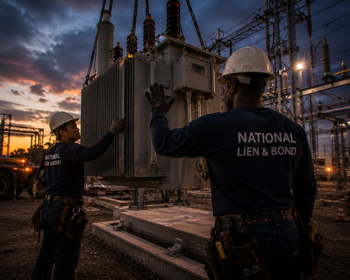 Crew guiding a crane-set transformer into place at an electrical substation at dusk, the public projects where stop notices and payment bonds control the money