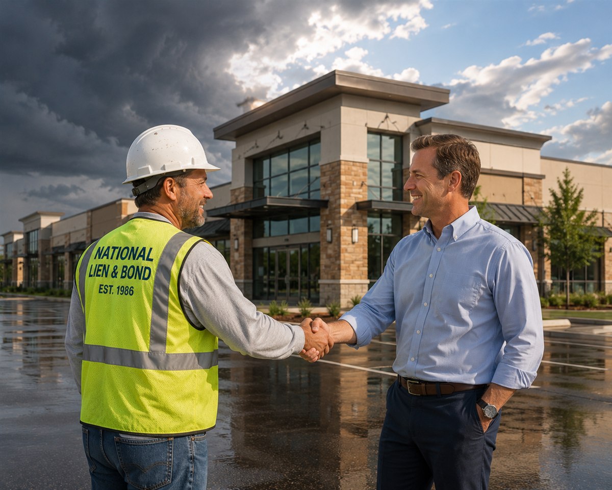 General contractor and owner shaking hands in front of the finished storefront as storm clouds retreat behind them