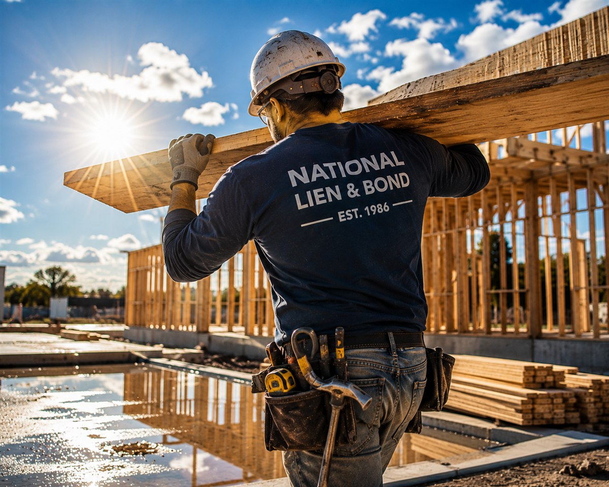 Carpenter shouldering a heavy beam on one side across a framed jobsite, the lopsided burden of a one-sided construction contract