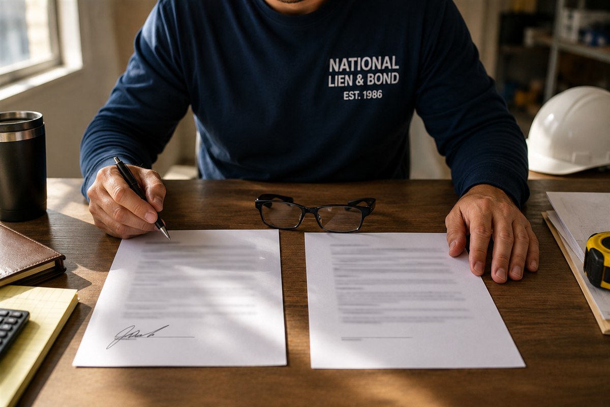 Two identical lien waivers side by side on a desk, one signed and one not, reading glasses resting between them