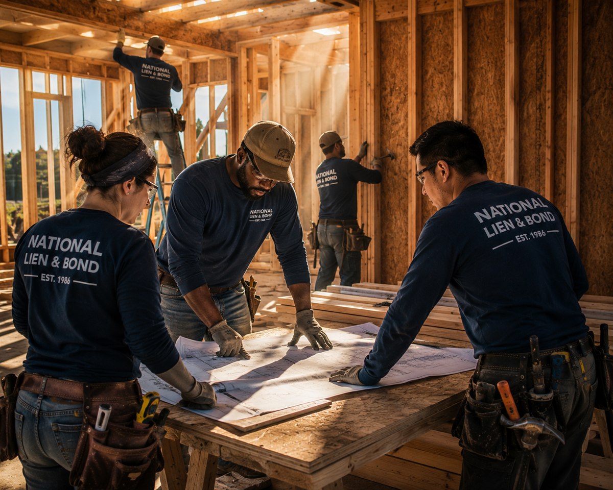 Four framers working out a plan together over blueprints inside a framed house, settling construction disputes at the table