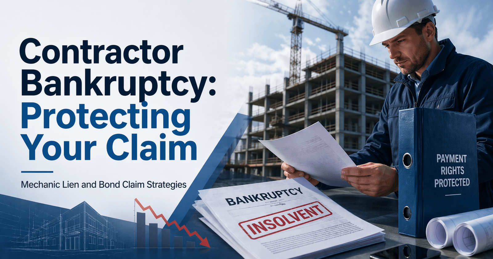 Contractor Bankruptcy: Protecting Your Claim - construction professional reviewing insolvency paperwork with a binder labeled Payment Rights Protected, with a construction site in the background.