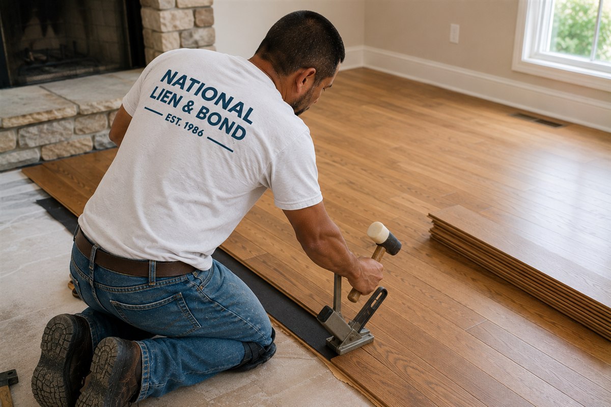 Flooring installer working alone nailing oak planks in an empty living room, jobsites adapting during the April 2020 Covid-19 lien law status