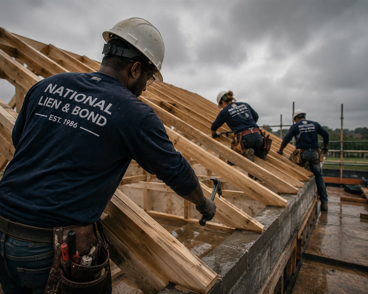 Framing crew raising roof rafters on a block wall under heavy storm clouds, building shelter the way a mechanics lien shelters a claim in bankruptcy