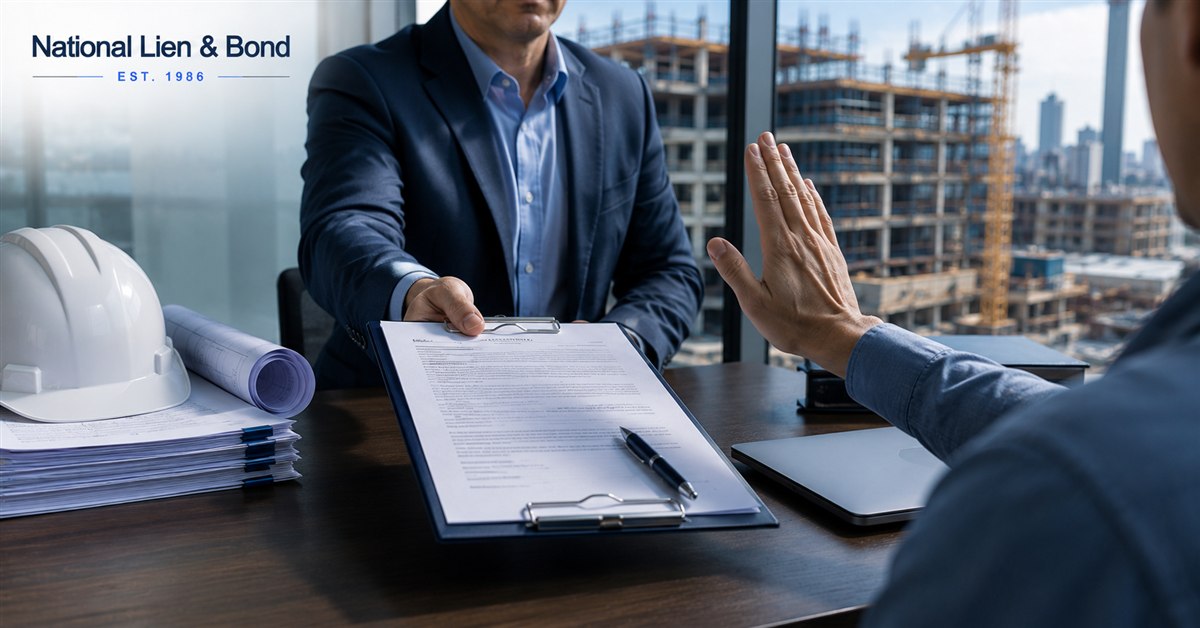Contractor raising a hand to decline signing a construction contract being pushed across the desk