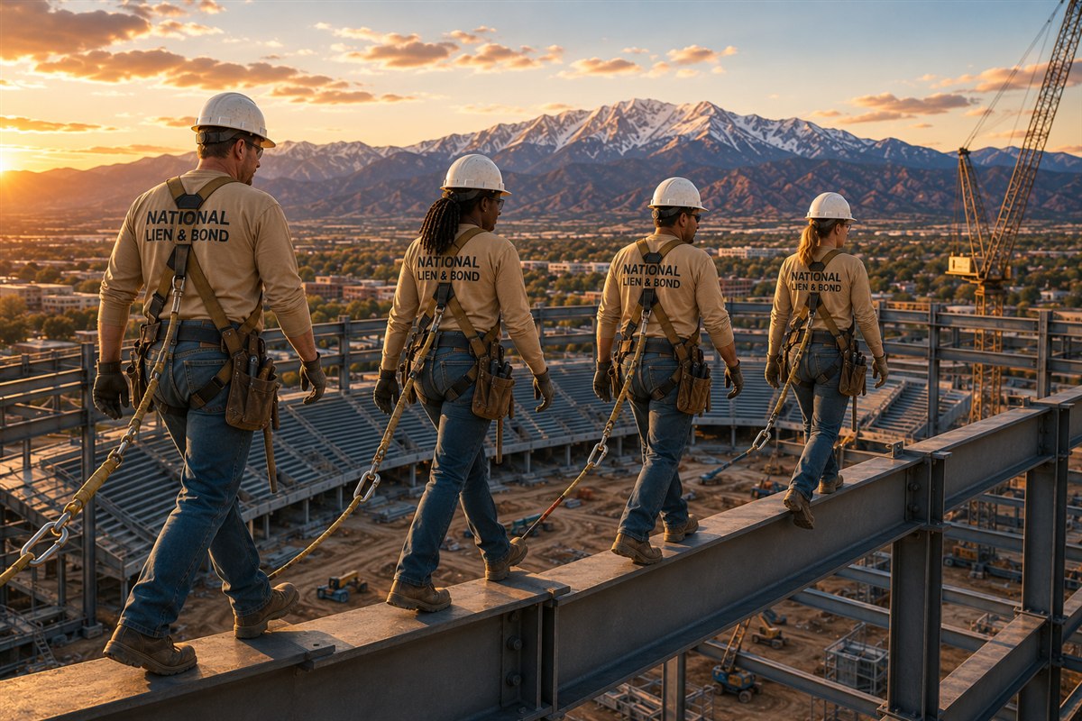 Four ironworkers crossing a high beam at sunset, each clipped to their own safety line, the protection you still carry even when someone else holds the load