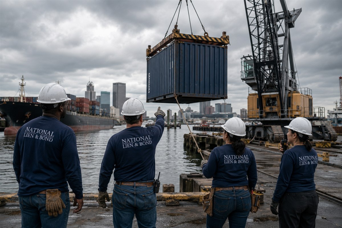 Riggers guiding a shipping container onto the stack at a port terminal, two city skylines across the water like projects spanning more than one state