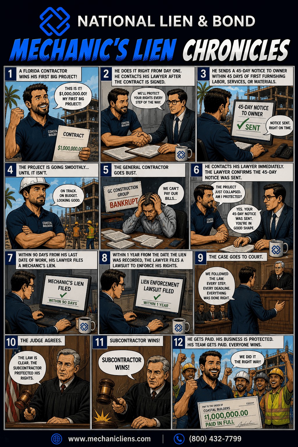 Mechanic's Lien Chronicles - The Right Way: 12-panel comic showing a Florida subcontractor who serves a 45-day Notice to Owner under § 713.06, files a mechanic's lien within 90 days, sues to enforce within 1 year, and recovers $1,000,000 in full.