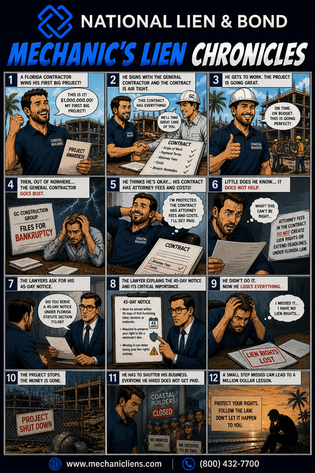 Mechanic's Lien Chronicles - The Wrong Way: 12-panel comic showing a Florida subcontractor who skipped the 45-day Notice to Owner, watched his $1,000,000 receivable disappear when the general contractor filed for bankruptcy, and ultimately closed his business.