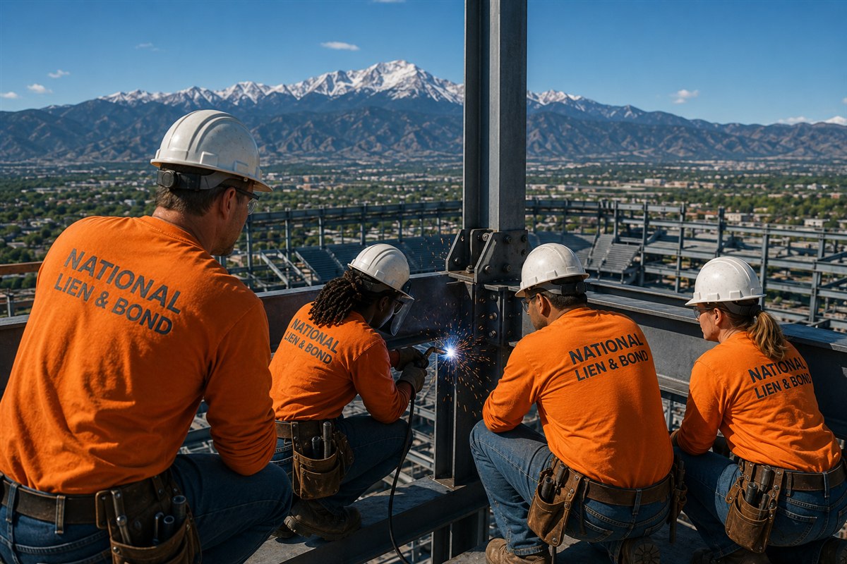 Crew watching a welder fuse a steel column splice above a stadium project, snow-capped Sierra range beyond the California valley