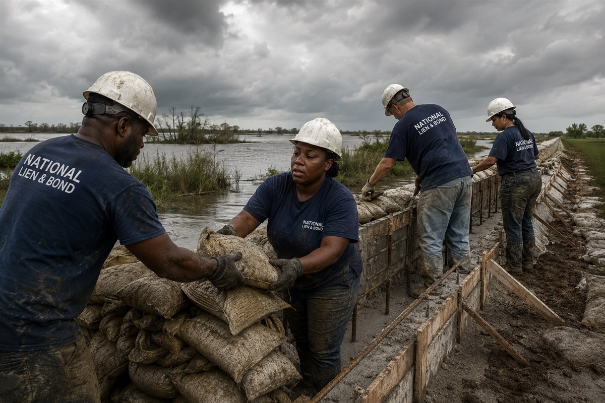 Crew stacking sandbags and forming a concrete floodwall against a swollen Missouri river under storm clouds, the federal flood-control work behind Miller Act claims
