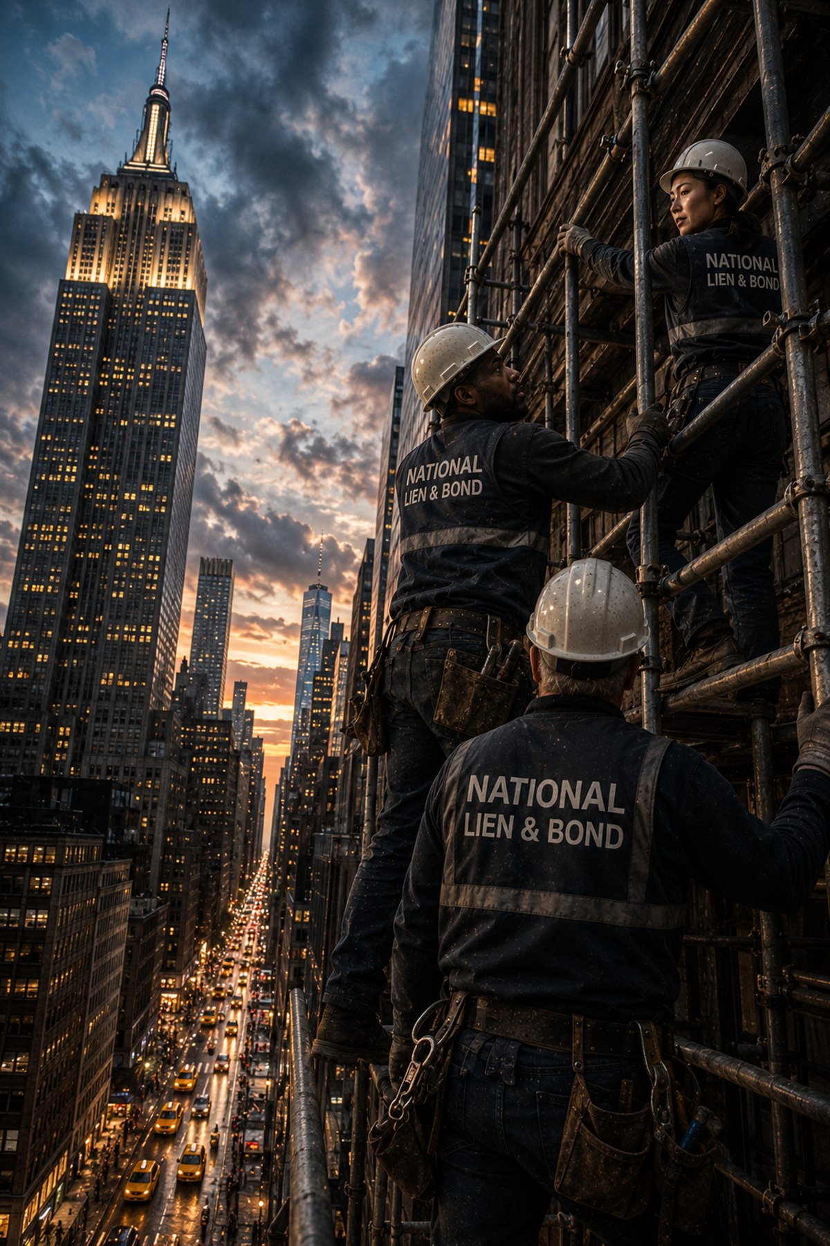 Crew climbing high scaffolding above a New York street at dusk with the Empire State Building lit behind them, enforcing Miller Act claims in New York