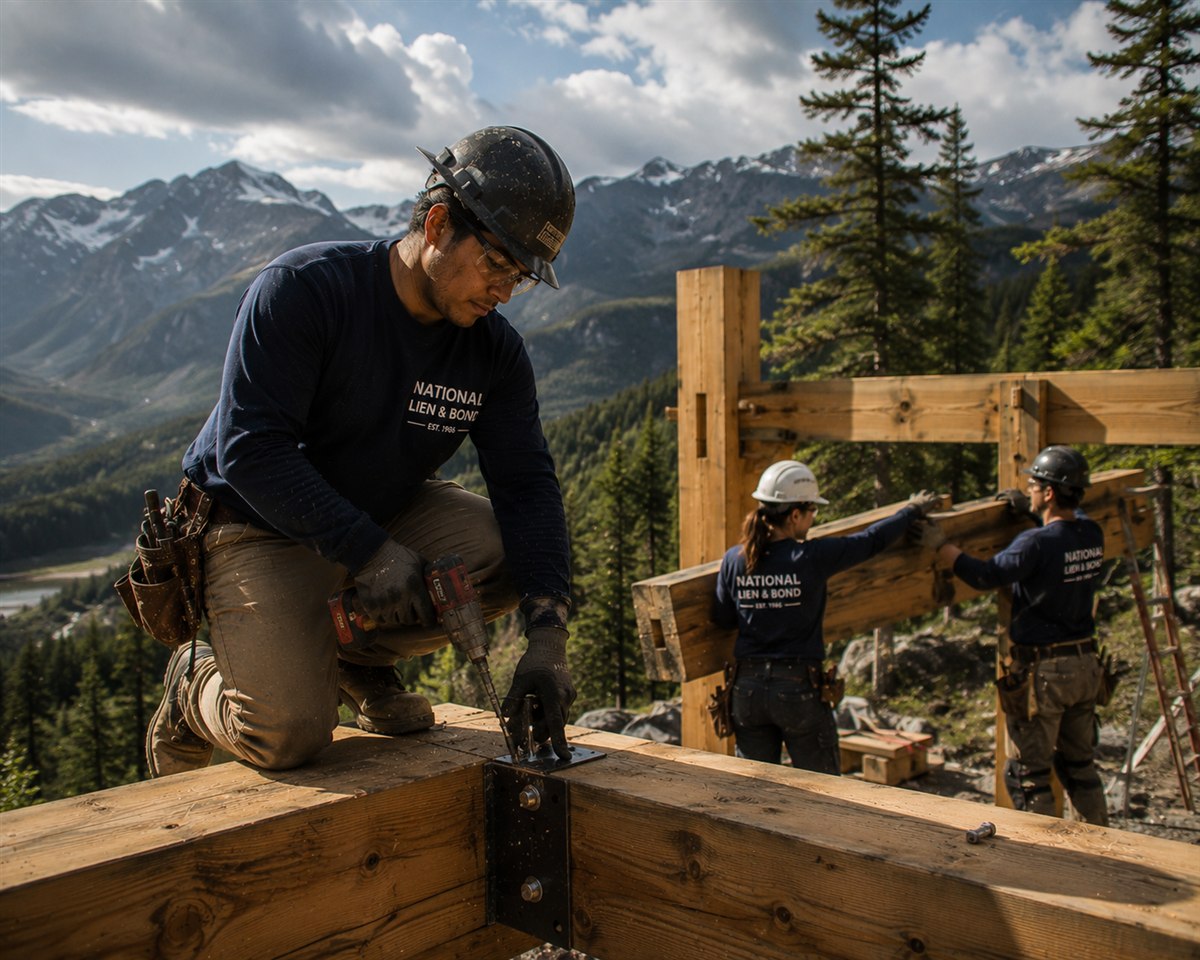Timber framers bolting heavy beams above a snow-capped Colorado valley, the projects behind filing a mechanics lien in Colorado