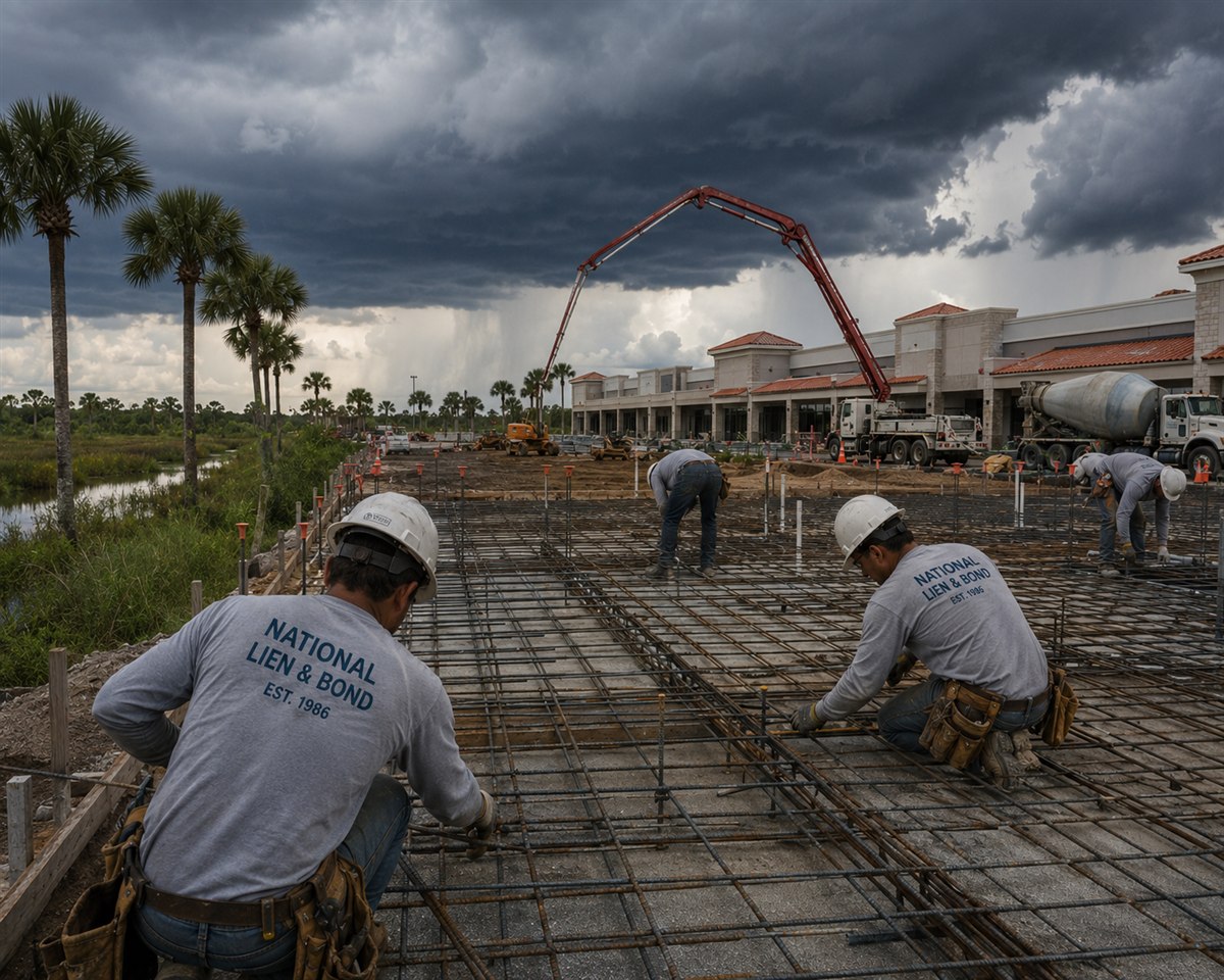 Rebar crew tying a Florida strip mall slab as thunderheads build over the palms