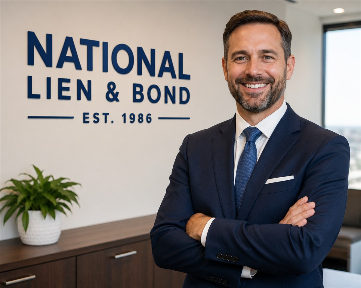 Confident construction claim attorney standing in a law office ready to present a winning case