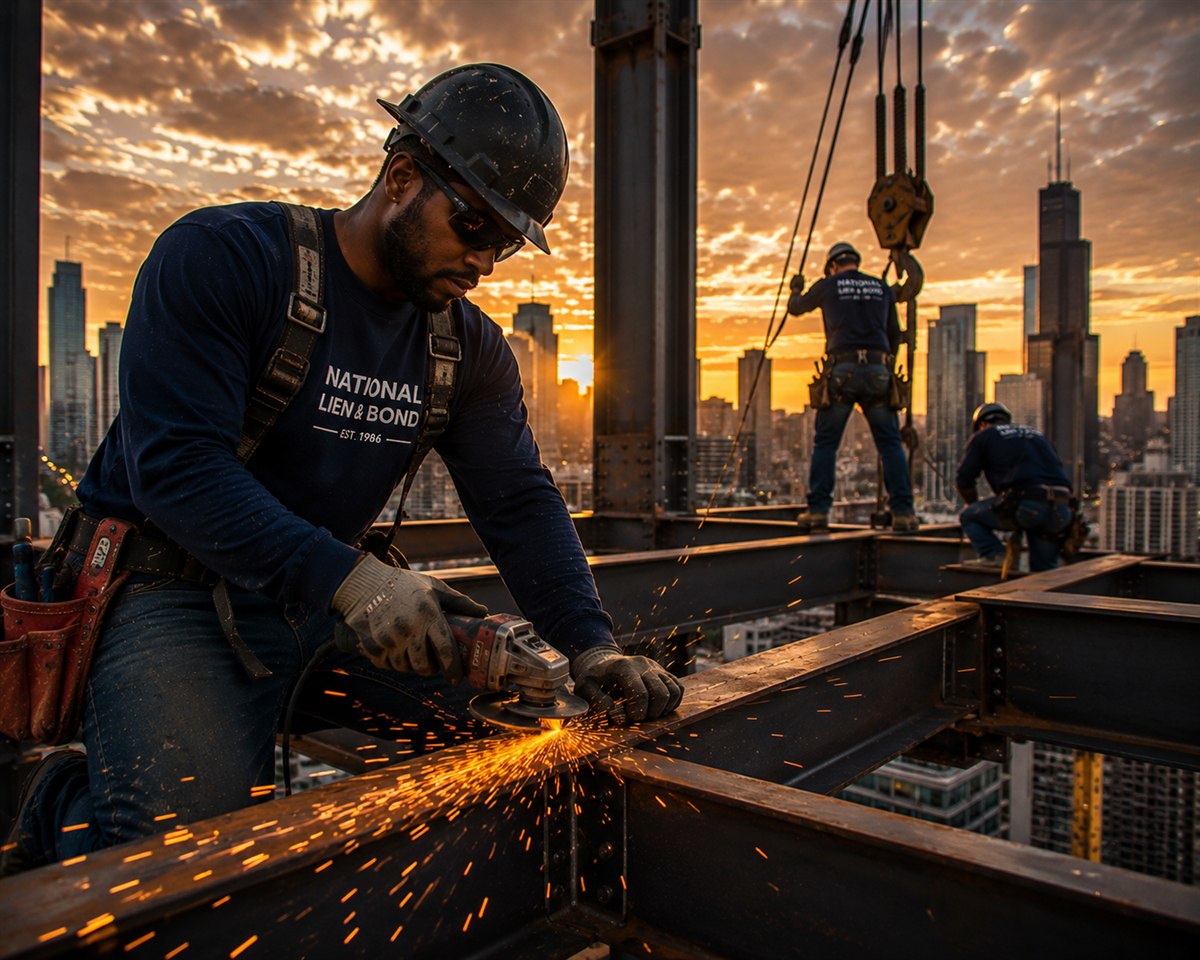 Ironworker grinding a steel connection high above the Chicago skyline, steel made stronger like the Illinois mechanic lien statute