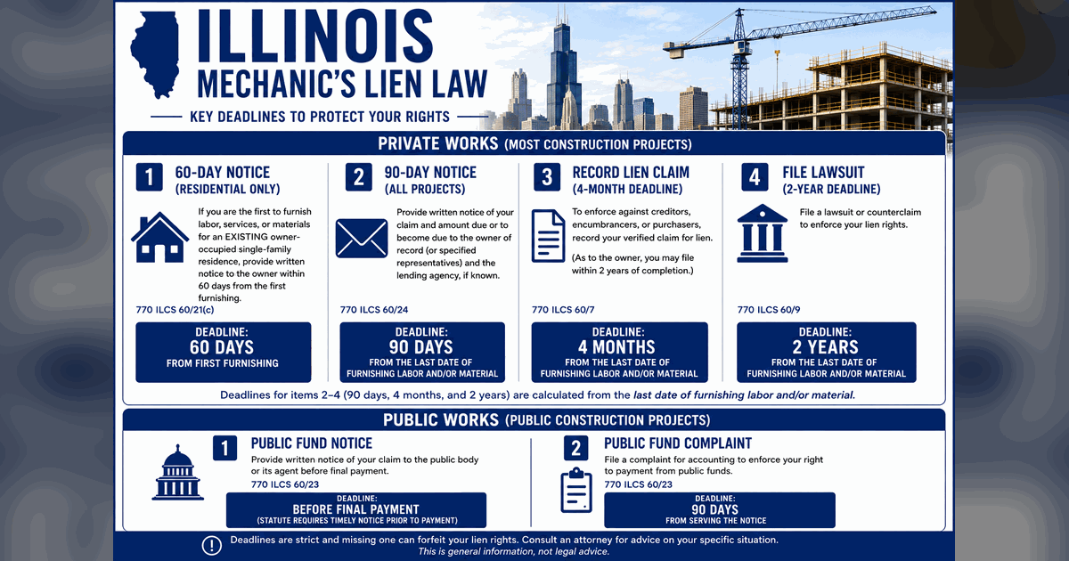 Illinois Mechanic's Lien Law infographic - key deadlines to protect subcontractor payment rights: 60-day residential notice (770 ILCS 60/21(c)), 90-day notice (60/24), 4-month lien recording (60/7), 2-year lawsuit deadline (60/9), plus public-works fund notice and 90-day complaint deadlines (60/23).