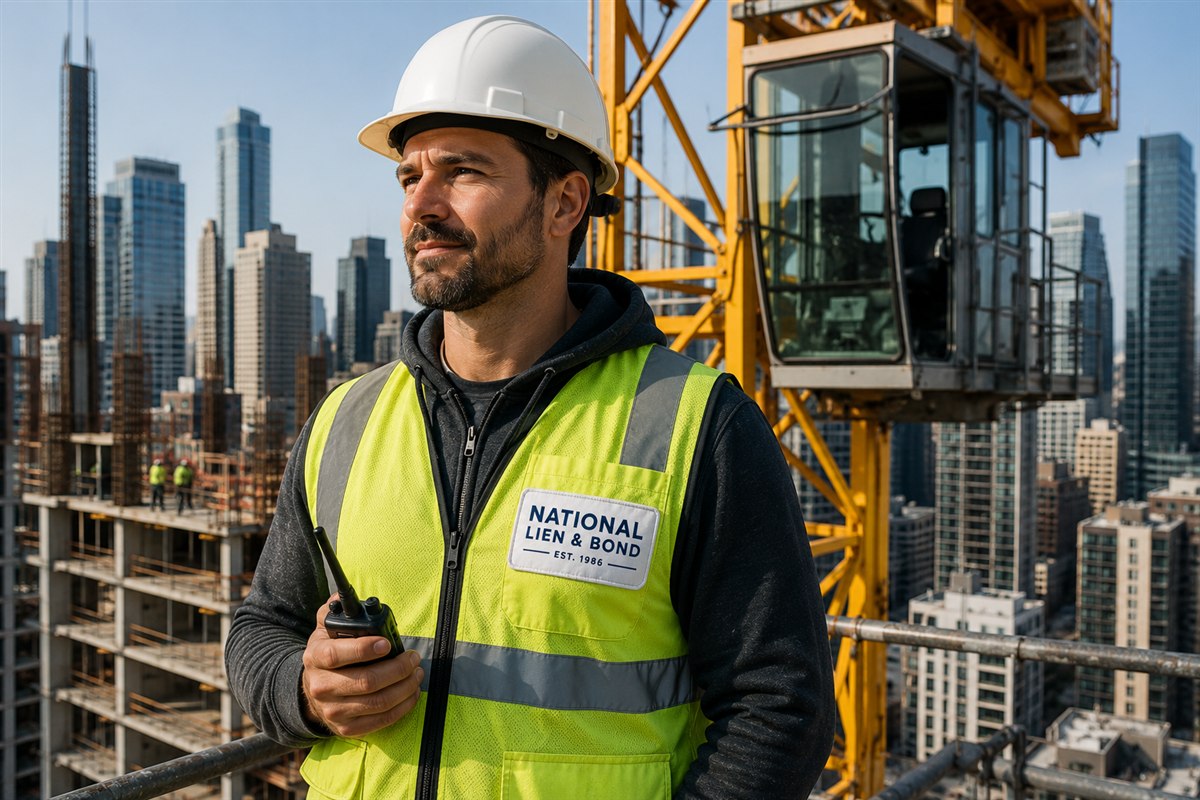 Superintendent with a two-way radio high on a tower crane deck above a big city skyline, where large construction firms manage lien exposure