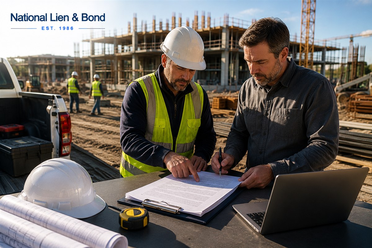 Contractor and legal advisor reviewing contract documents at an outdoor plan table on an active construction site