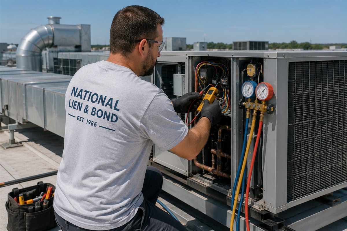 HVAC technician testing a rooftop unit with manifold gauges on a commercial roof, field work behind the May 2020 lien law update