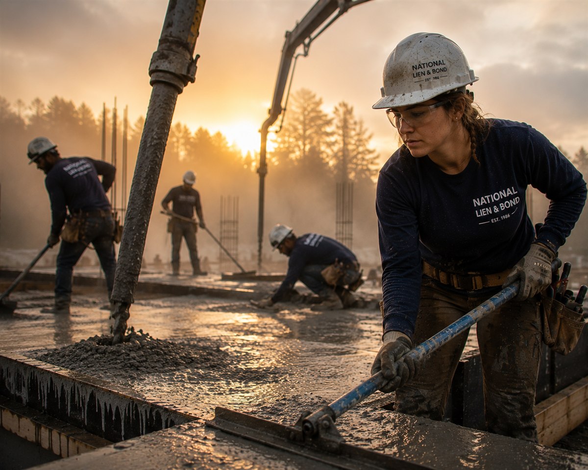 Crew finishing a foundation pour at a misty north-woods sunrise, the projects behind the Minnesota lien notice court ruling