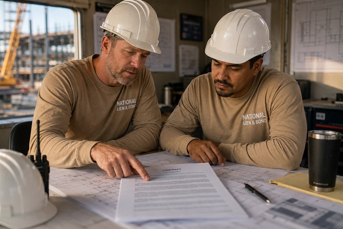 Two contractors in a site trailer reviewing a contract, one pointing at the clause in question, the jobsite crane out the window