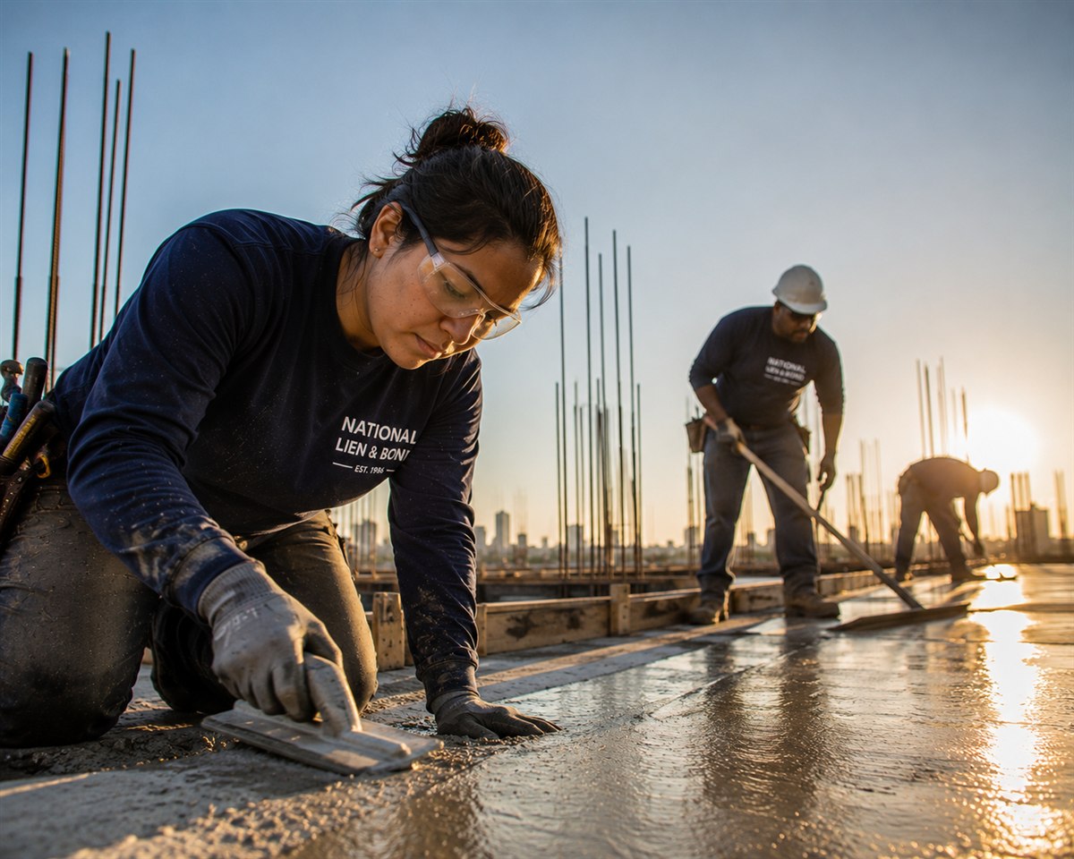 Finisher edging a fresh slab at dawn while the crew races the set, the timing that controls California mechanics lien deadlines