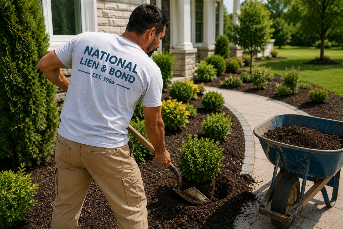 Landscaper planting shrubs and spreading fresh mulch at an upscale home entry, the kind of improvement work covered in this mechanics lien update