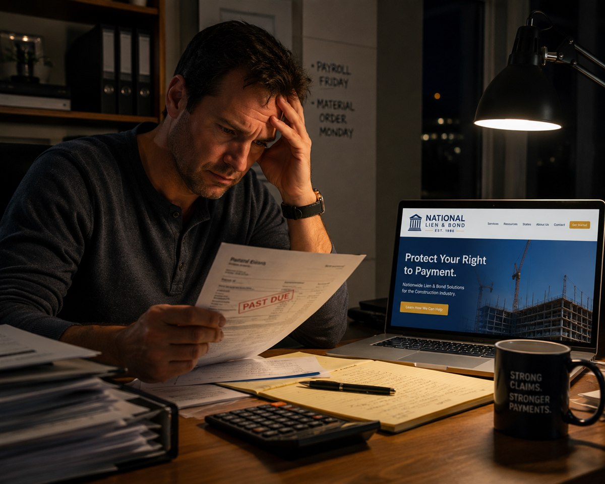 Contractor reviewing a past due invoice late at night before sending a demand letter to collect the debt