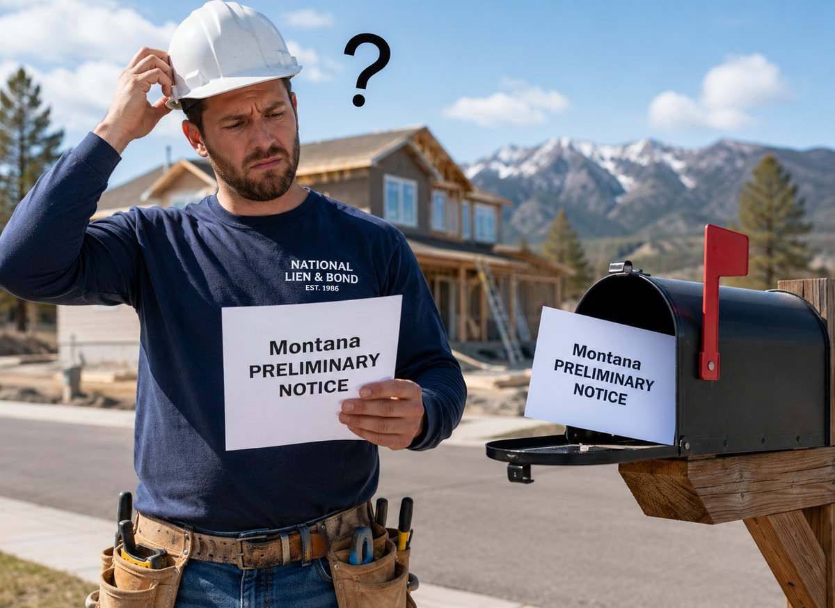 A National Lien & Bond contractor in a hard hat stands outside a Montana construction site holding a Montana Preliminary Notice, questioning whether it has to go in the mailbox on a commercial project.