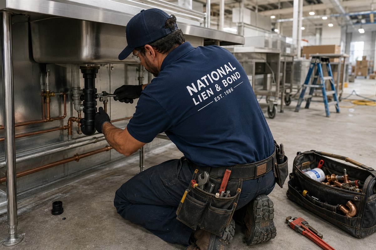 Commercial plumber repairing drain lines under a stainless steel sink, one of the trades tracked in the April lien law update