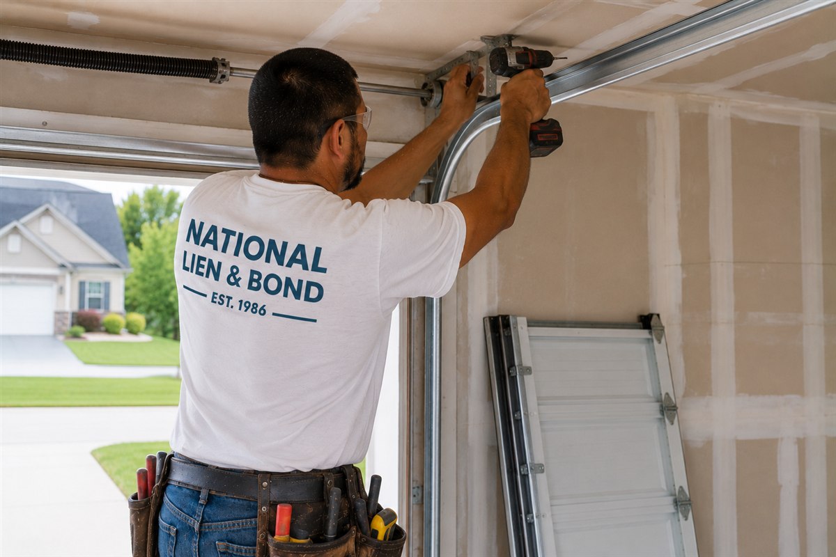 Installer mounting garage door track hardware in a new suburban home, the kind of homeowner project behind February lien law news