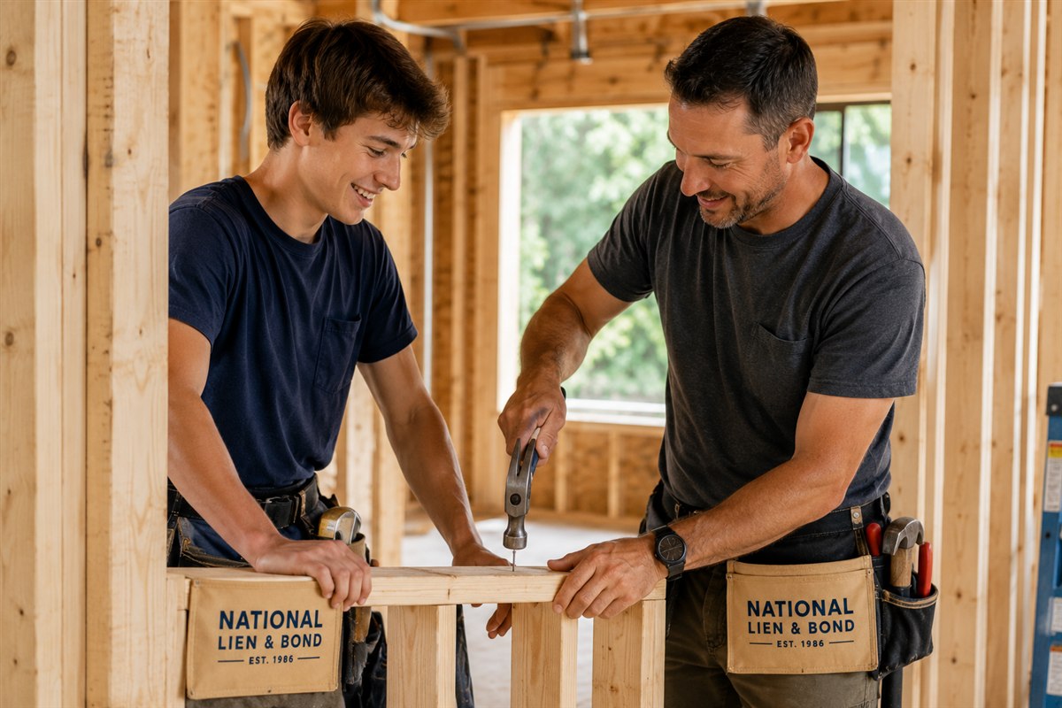 Carpenters framing a new home in early summer as June lien law updates land across the states