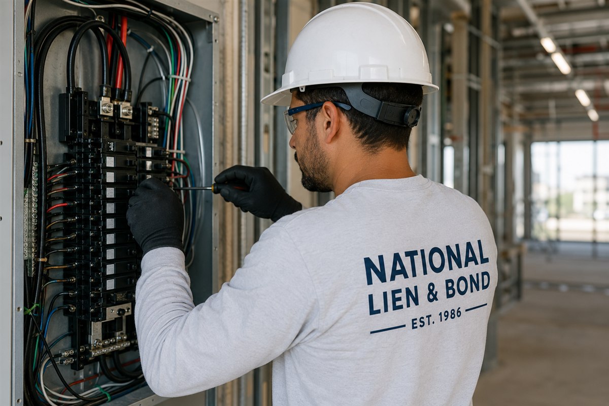 Electrician wiring a commercial breaker panel, one of the working trades affected by May lien law changes