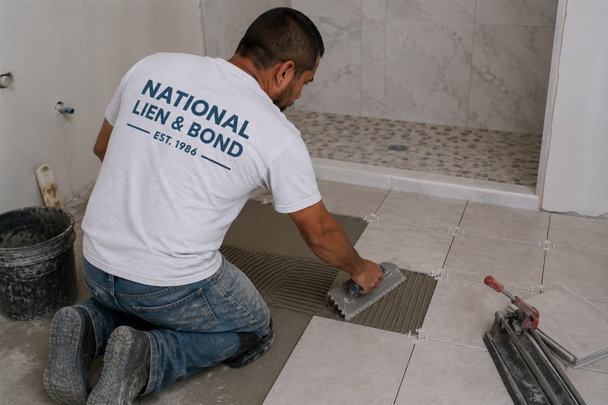Tile setter combing thinset for a bathroom floor beside a new pebble-base shower, November 2020 lien law update