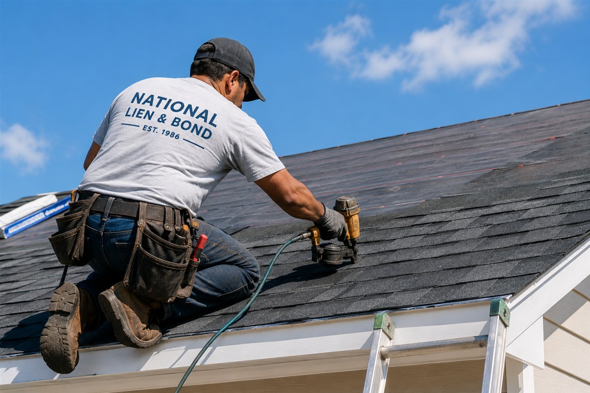 Roofer fastening architectural shingles on a steep residential roof under a clear sky, September 2020 lien law update