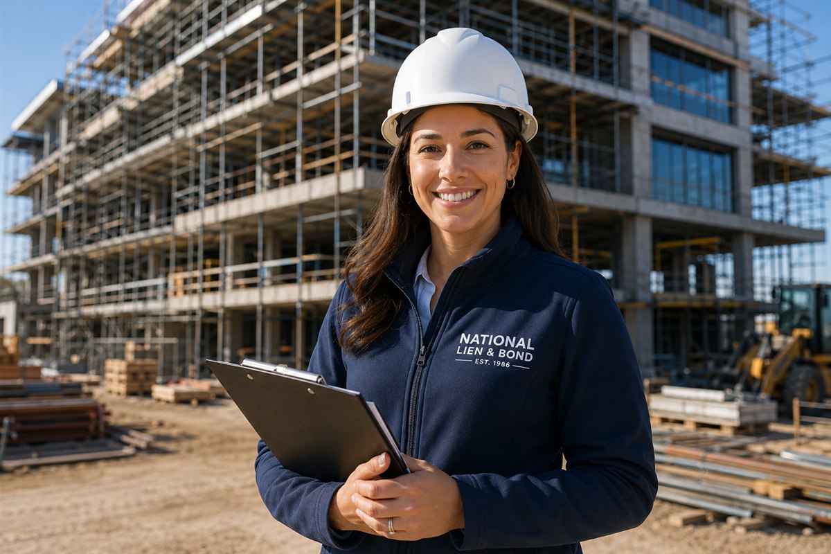 Project manager with a clipboard in front of a concrete frame building, September 2019 lien law update