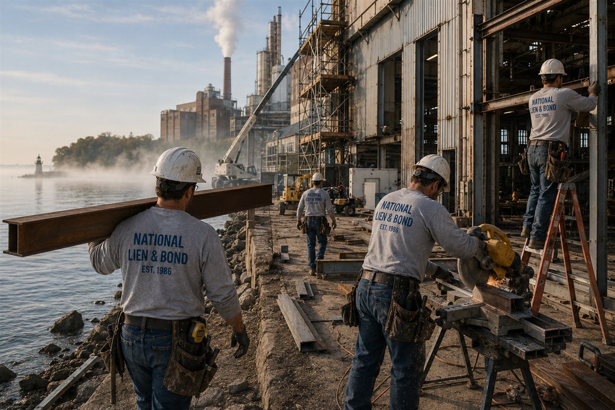 Michigan lakeside factory retrofit underway in morning mist off the Great Lakes shoreline