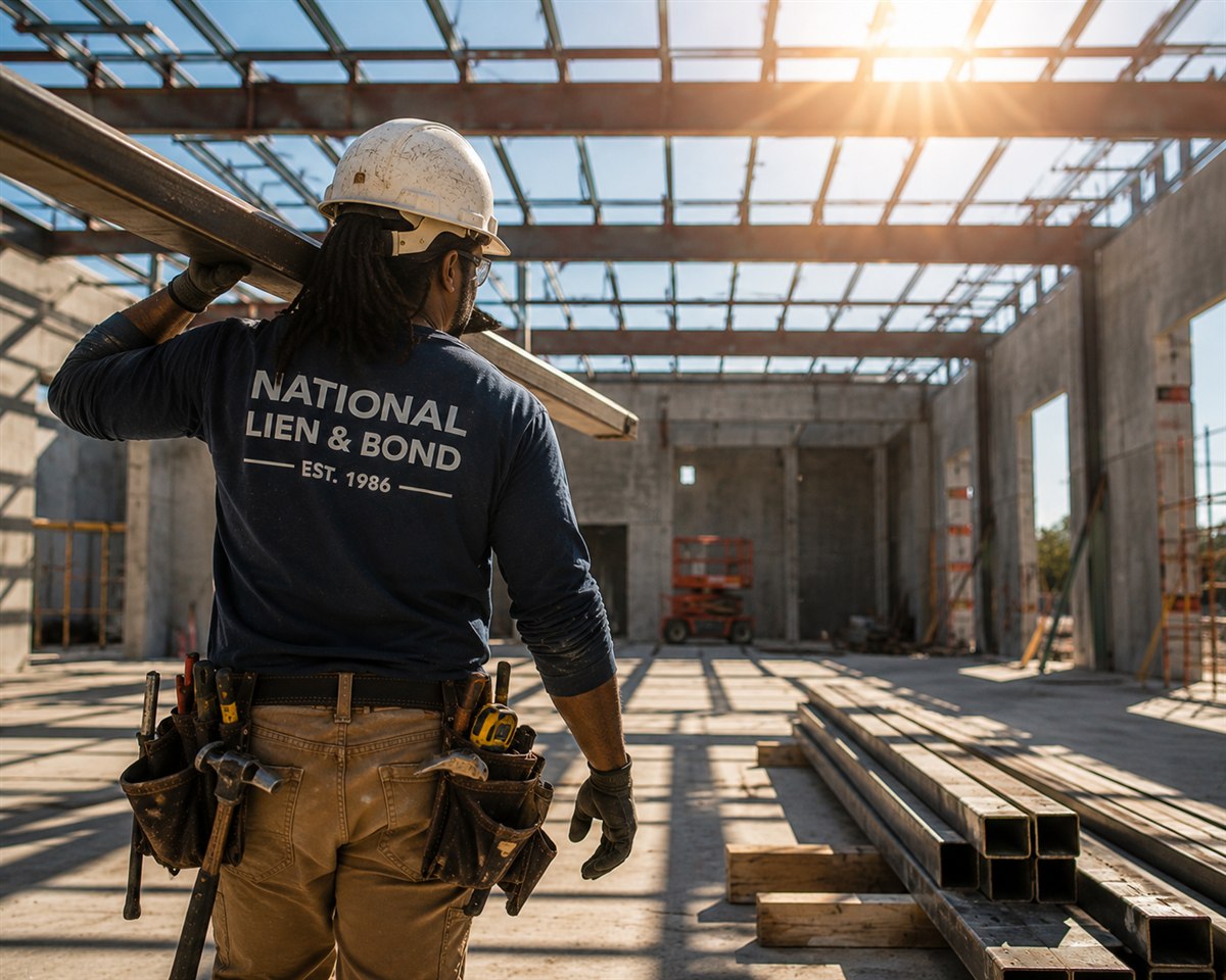 Ironworker carrying steel on his shoulder through a tilt-up commercial shell, a private project where performance bonds and mechanics liens collide