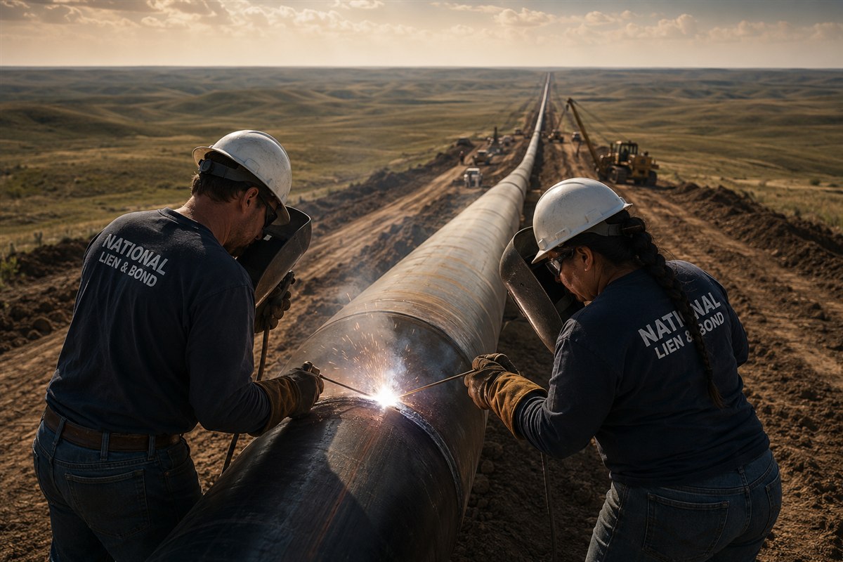 Two welders tying in a pipeline that runs straight to the horizon across rolling plains, money moving like product through the line