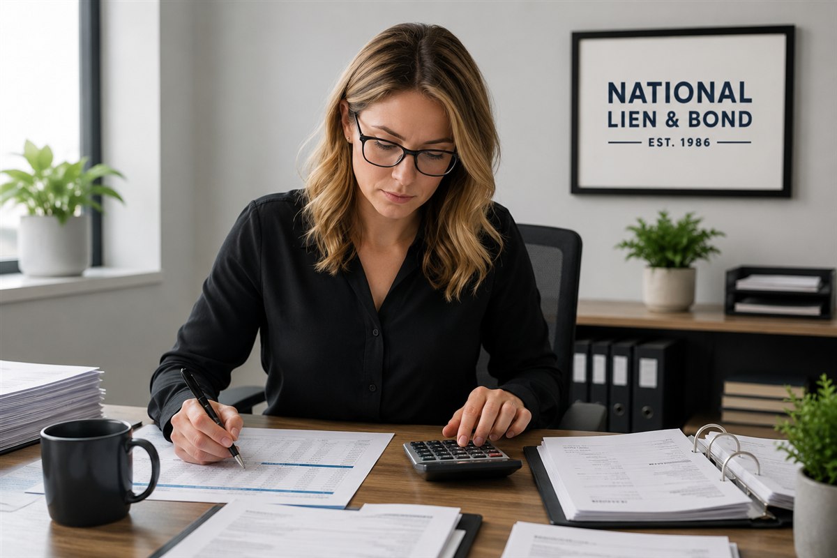 Construction accountant reviewing an itemized schedule of values line by line with a calculator before a payment application
