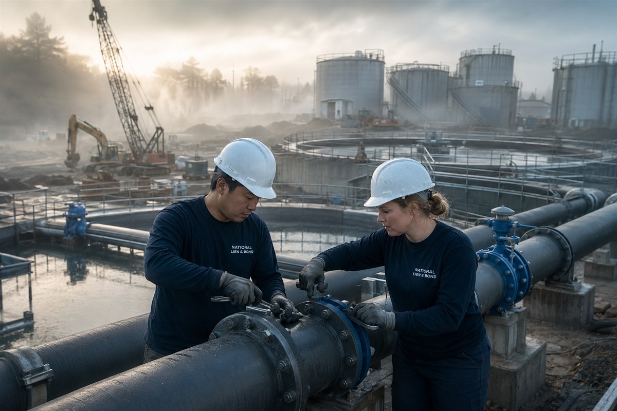 Two technicians checking valves on the piping gallery of a municipal water treatment plant in Ohio, the public works behind Little Miller Act claims