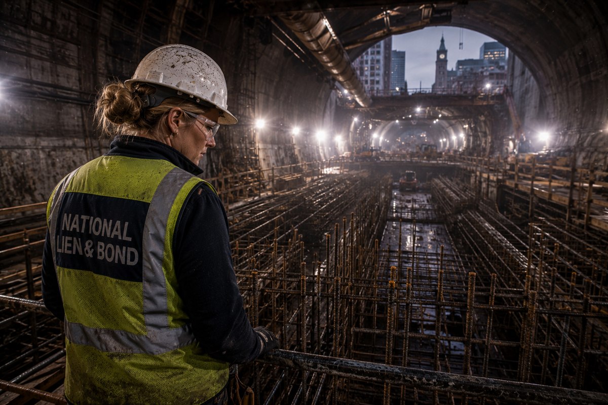 Engineer overlooking a rebar-filled tunnel excavation beneath Boston, the clock tower skyline framed in the portal, big-dig scale federal work